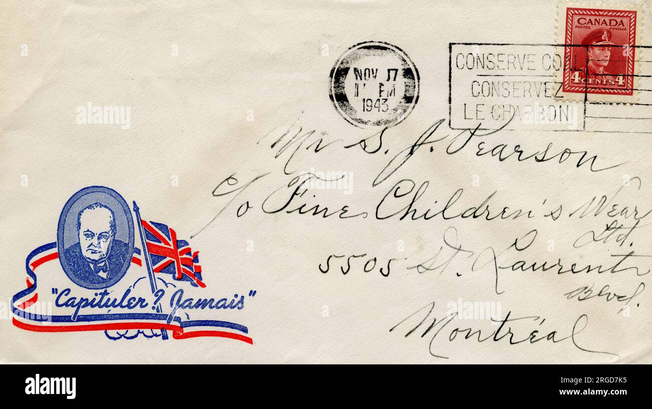 WW2 Winston Churchill, Capituler Jamais - Canadian postal cover envelope 1943 Stock Photo