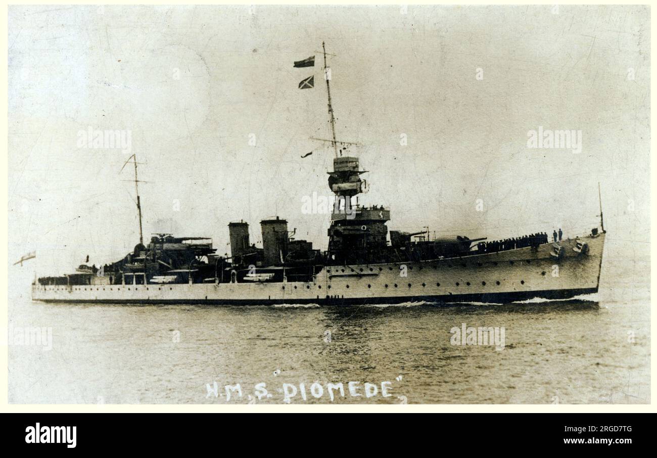 HMS Diomede - Danae-class cruiser of the Royal Navy. Constructed too late to take part in World War I, she served on the China Station, Pacific waters, East Indies Waters between the wars and from 1936 onwards, in reserve. In World War II she performed four years of arduous war duty, during which time she captured the German blockade runner Idarwald. Between 22 July 1942 and 24 September 1943 she was converted to a training ship at Rosyth Dockyard. Scrapped in 1946. Stock Photo