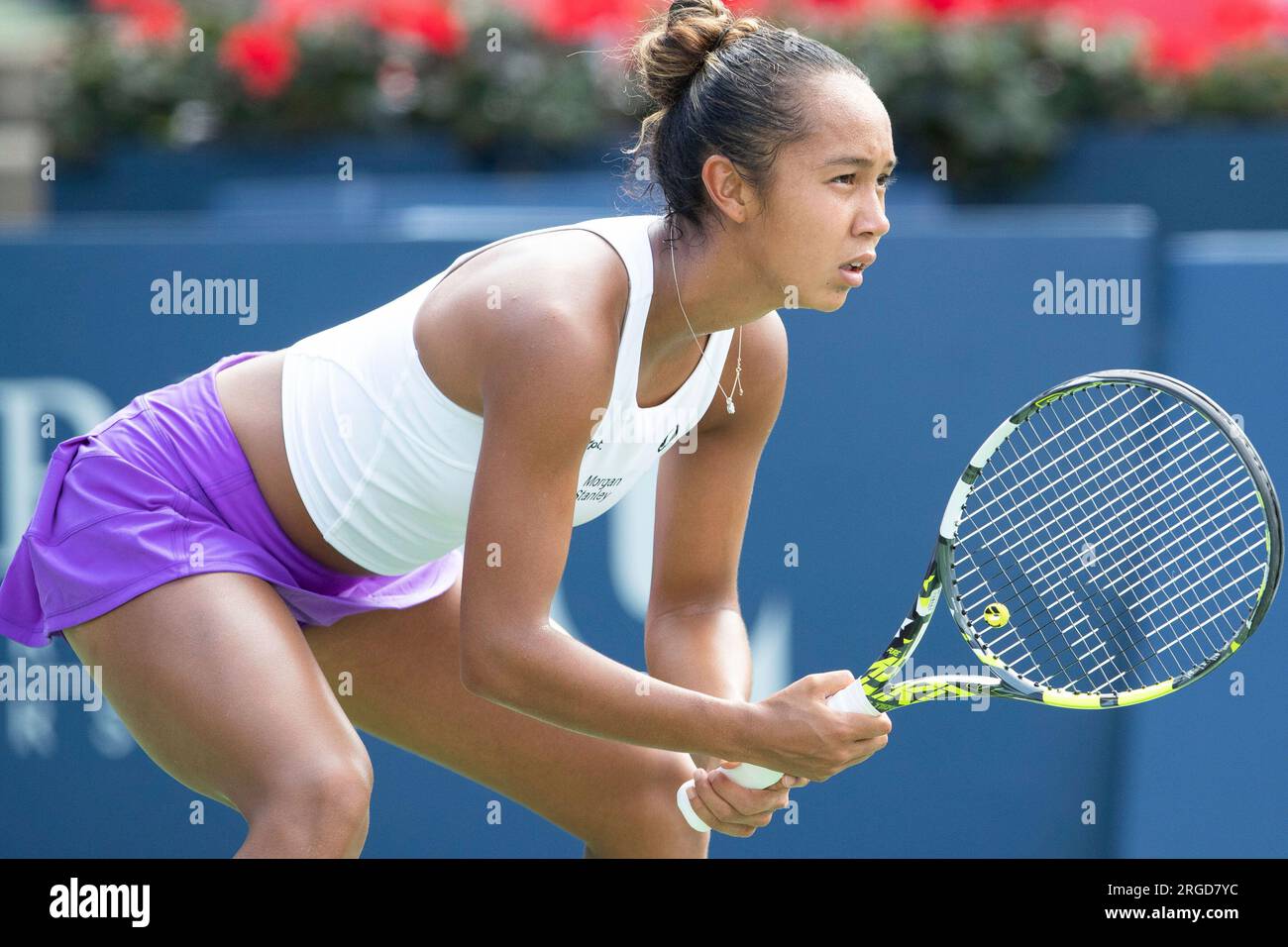 August 08, 2023 Leylah Fernandez (CAN) awaits service during the WTA National Bank Open first round match at IGA Stadium in Montreal, Quebec