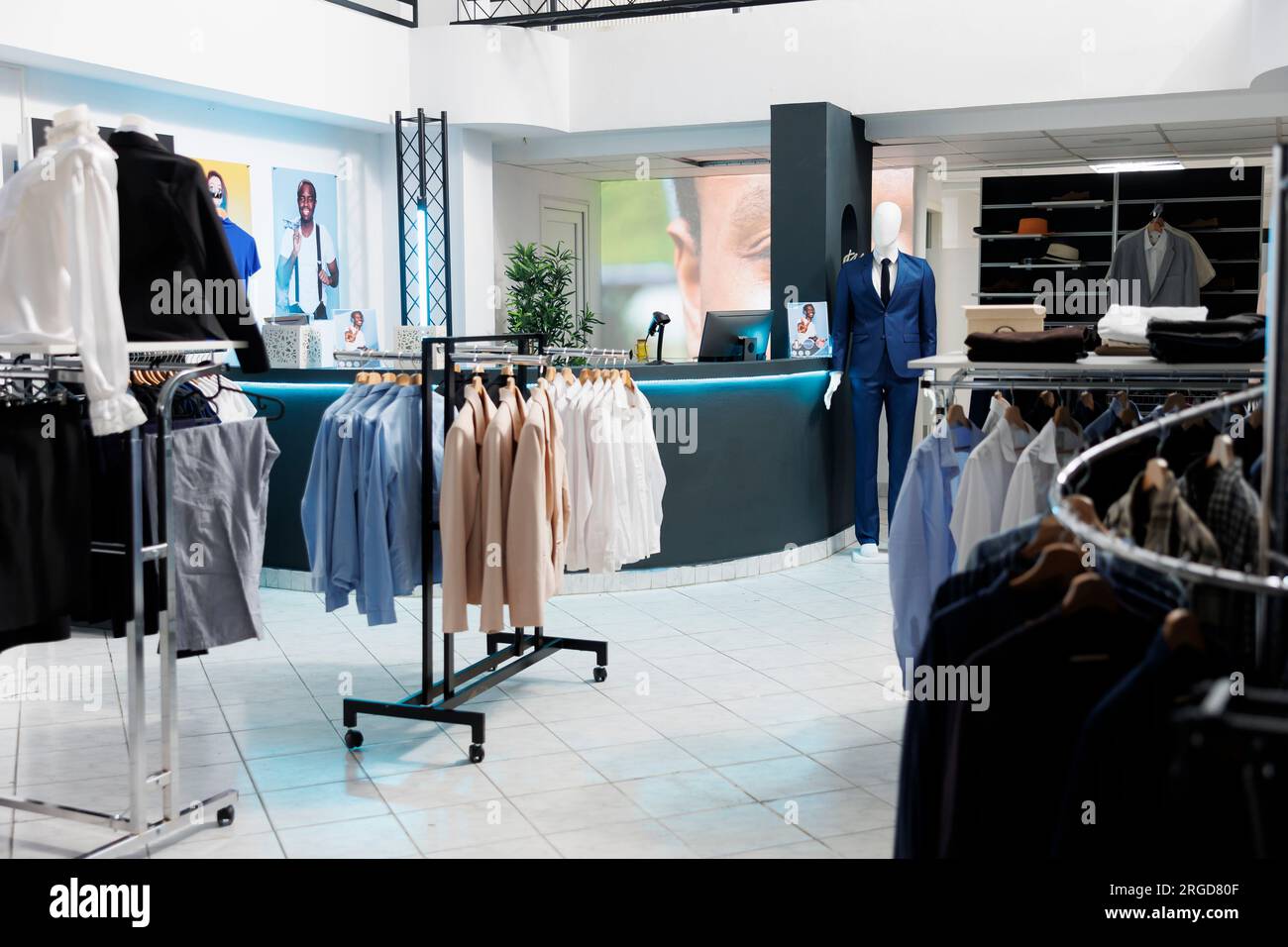 Clothing store interior with no people indoors displaying men and