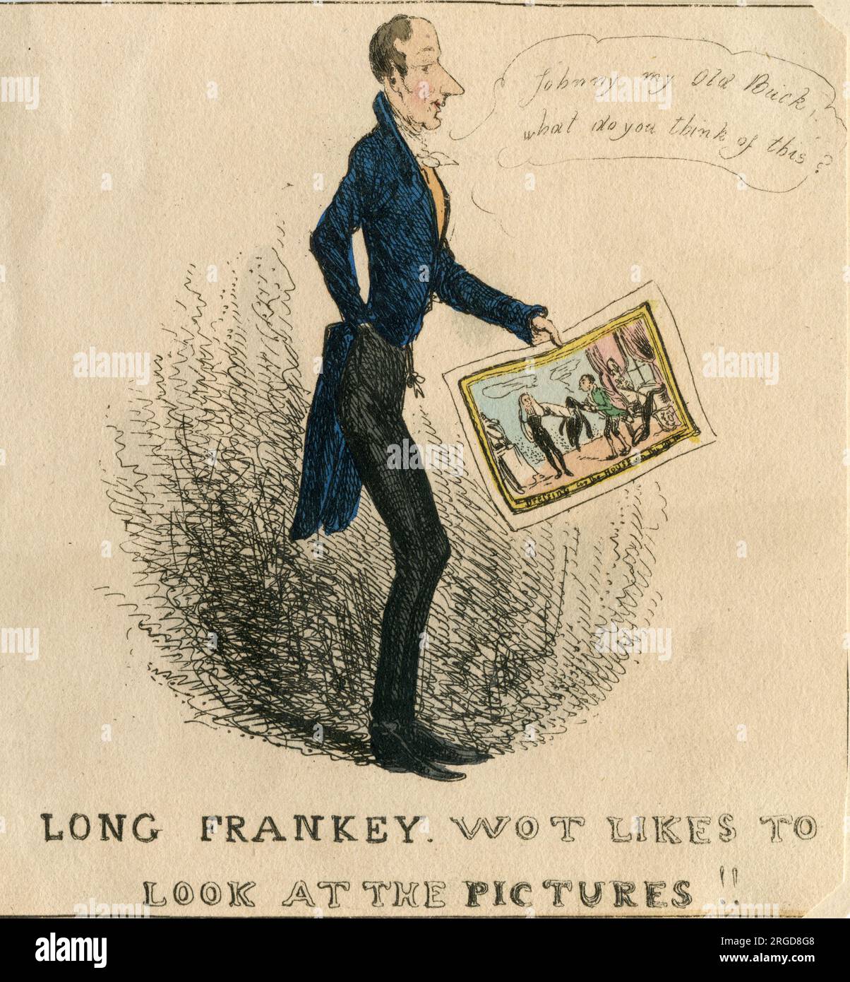 Long Frankey wot like to look at the Pictures,  political cartoon caricature  - hand coloured engraving, c. 1829 Stock Photo