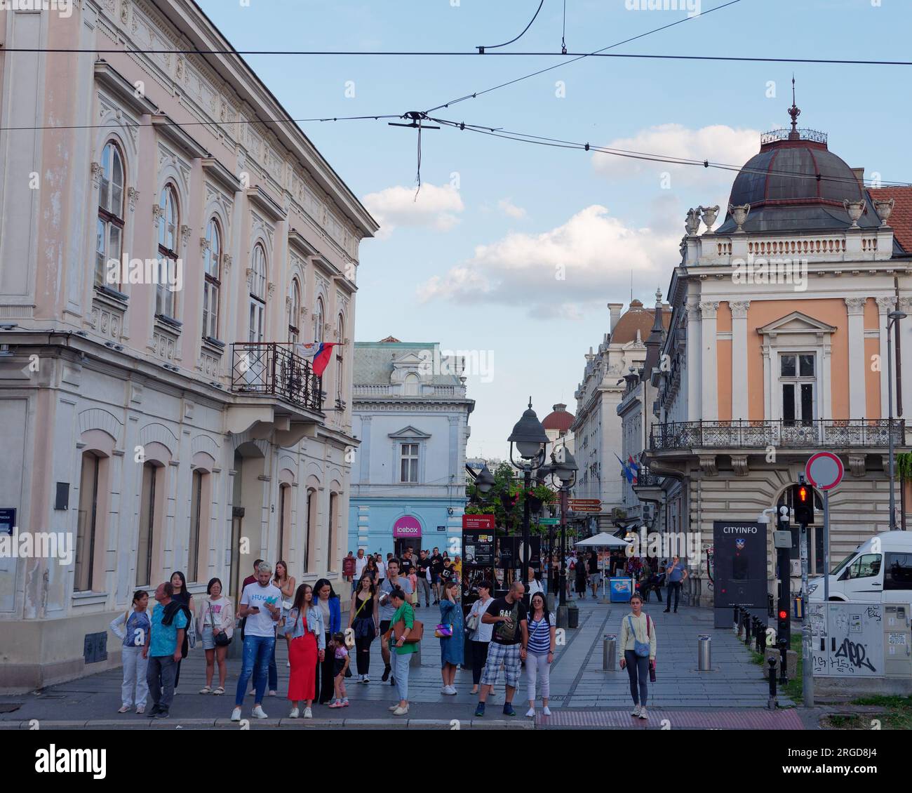 Crowds of people on Kneza Mihaila street with Belgrade City Library left ion a summers day in the city of Belgrade, Serbia. August 8,2023. Stock Photo