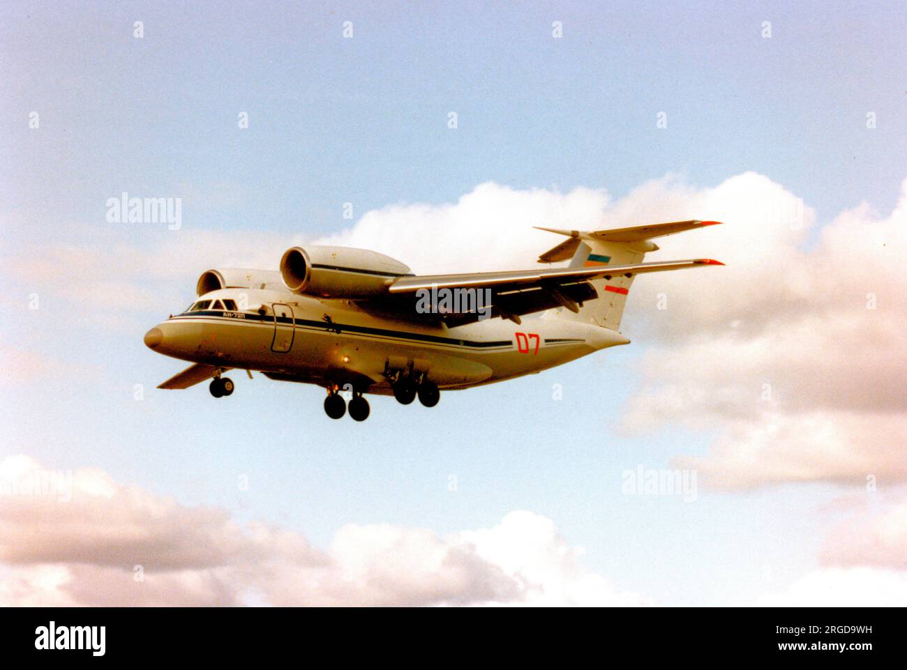 Antonov An-72P Maritime Patrol Variant, Bort number 'Red 07', showing the UB-32-57 32-round rocket pod fitted under the port wing. Seen at the SBAC Farnborough Airshow on September 1992. Stock Photo