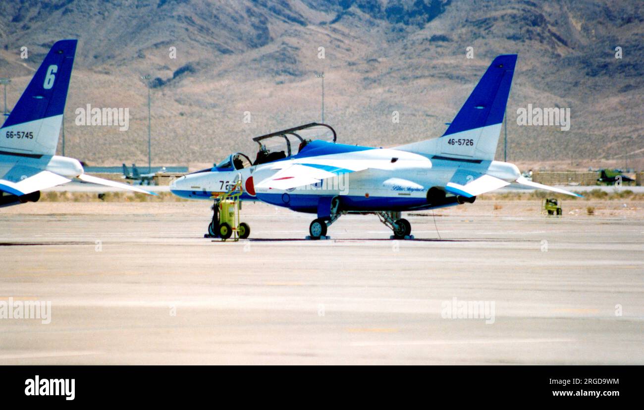 Japan Air Self Defence Force - Kawasaki T-4 46-5726 (msn 1126), of the Blue Impulse aerobatic display team, at the Nellis Air Force Base '50th Anniversary of the USAF' airshow on 26 April 1997. Stock Photo