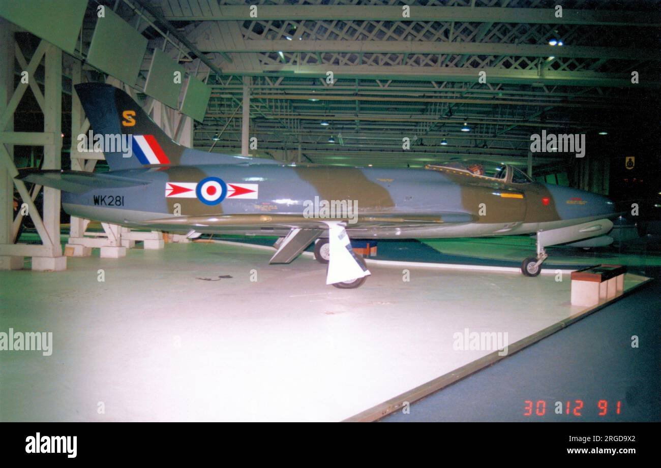 Royal Air Force Supermarine Swift FR.5 7712M / WK281, at the RAF Museum Hendon on 30 December 1991. Built by Vickers Armstrong and delivered on 5 November 1956, WK281 joined No 79 Squadron at RAF Gutersloh, West Germany in April 1959 and was operated in the tactical fighter reconnaissance role until January 1961 when the squadron converted to the Hunter FR10. She was recovered to Church Fenton and very shortly thereafter was transferred to an ATC squadron at Uxbridge for ground instructional use as 7712M. From 1967, WK281 was placed on display at several different RAF stations before being mov Stock Photo