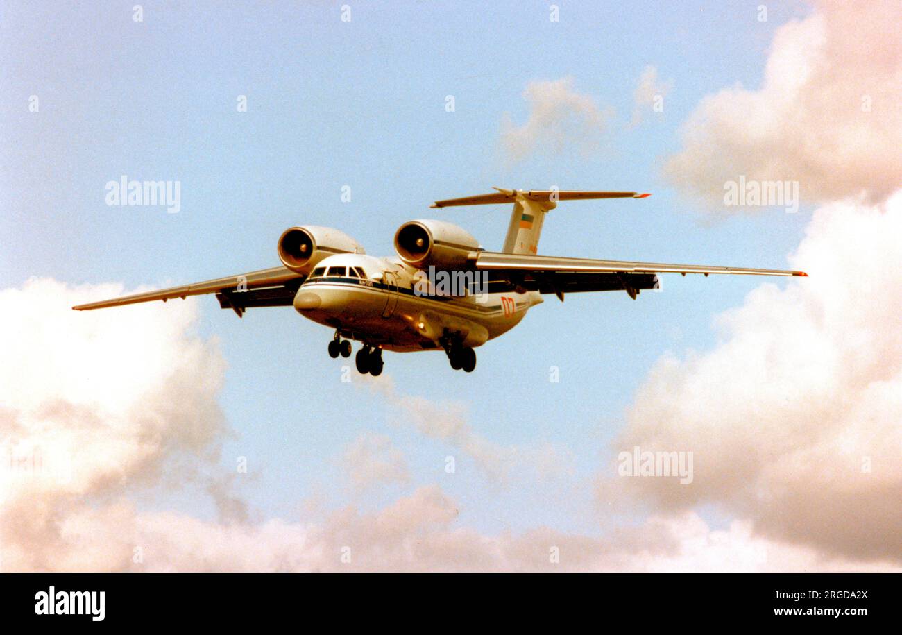 Antonov An-72P Maritime Patrol Variant, Bort number 'Red 07', showing the UB-32-57 32-round rocket pod fitted under the port wing. Seen at the SBAC Farnborough Airshow on September 1992. Stock Photo