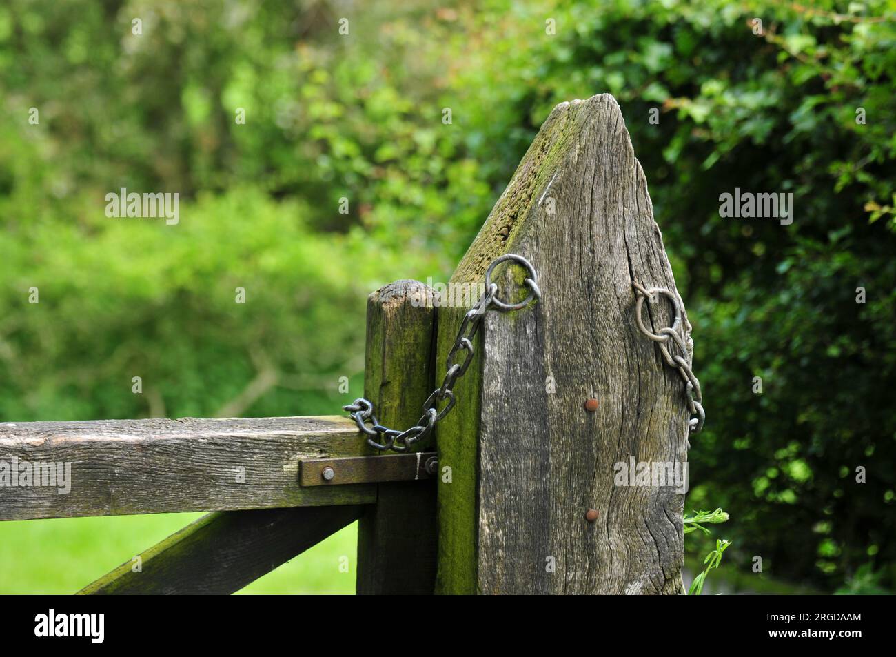 Rustic gatepost with chains in a rural English setting Stock Photo