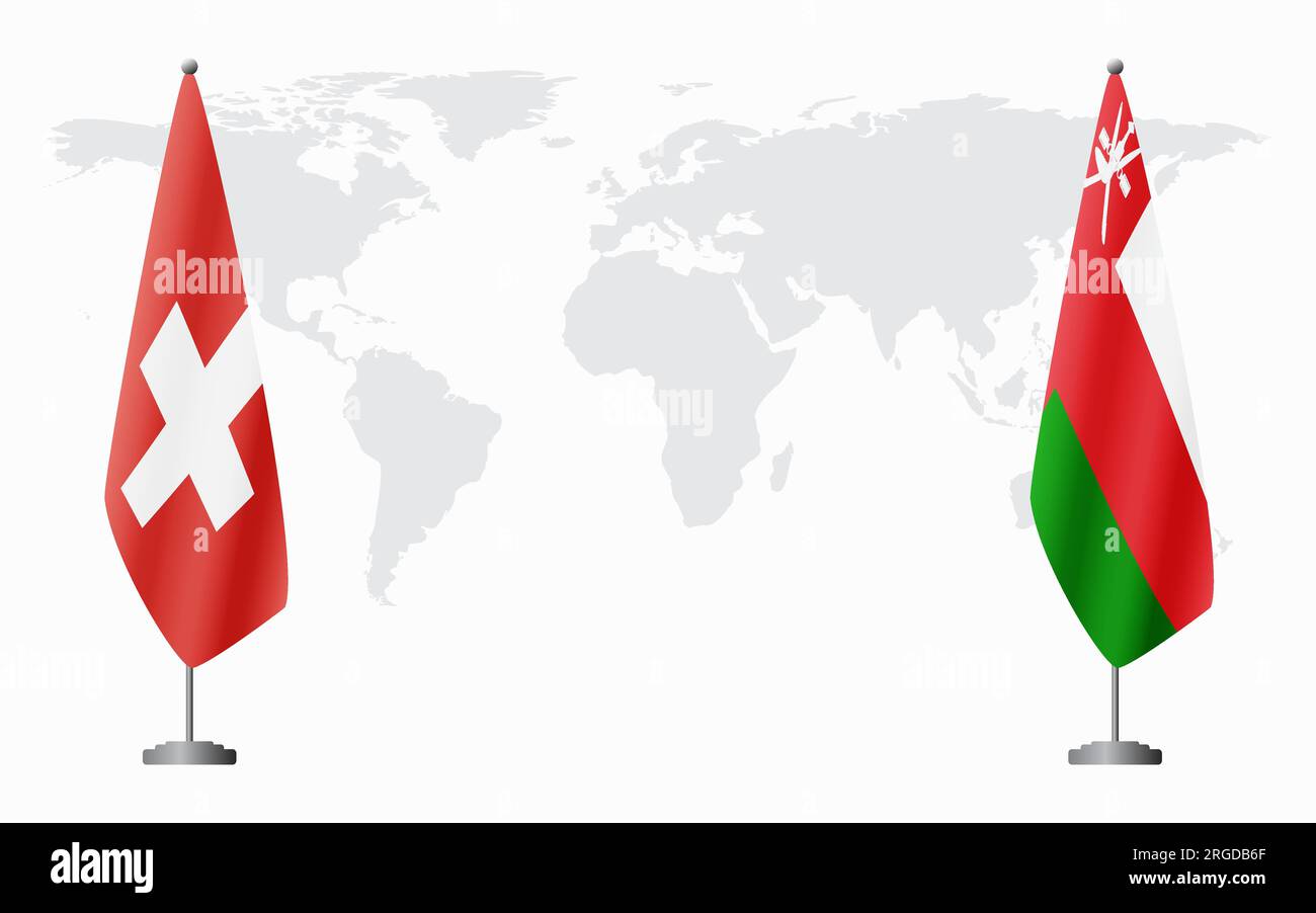Switzerland and Oman flags for official meeting against background of world map. Stock Vector