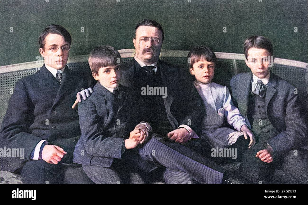 THEODORE ROOSEVELT (1858 - 1919), and his sons Theodore junior, Archibald, Quentin and Kermit. Stock Photo
