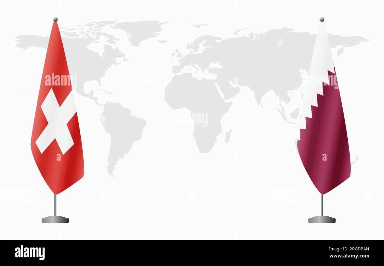 Switzerland and Qatar flags for official meeting against background of world map. Stock Vector