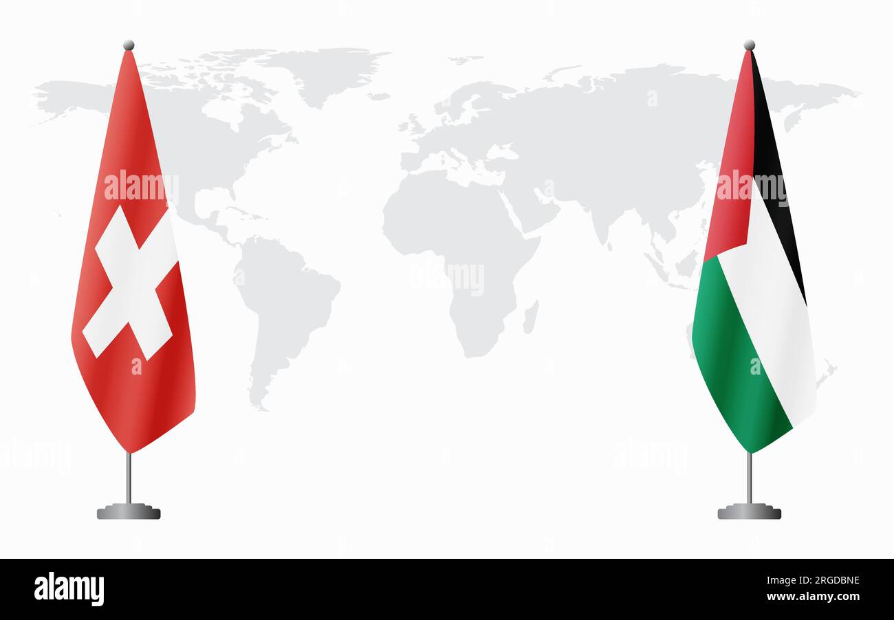 Switzerland and Palestine flags for official meeting against background of world map. Stock Vector