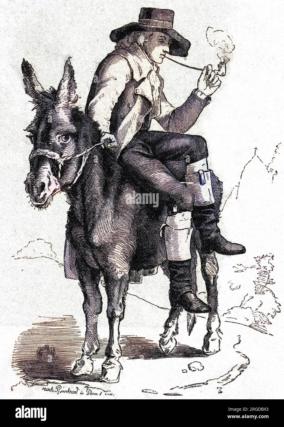 JOHANN CHRISTOPH FRIEDRICH SCHILLER (1759 - 1805), German poet and playwright here depicted riding a donkey at Carlsbad while smoking a pipe. Stock Photo