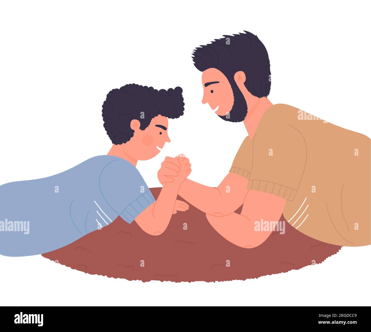 Father playing with his son. Arm wrestling with daddy vector illustration Stock Vector