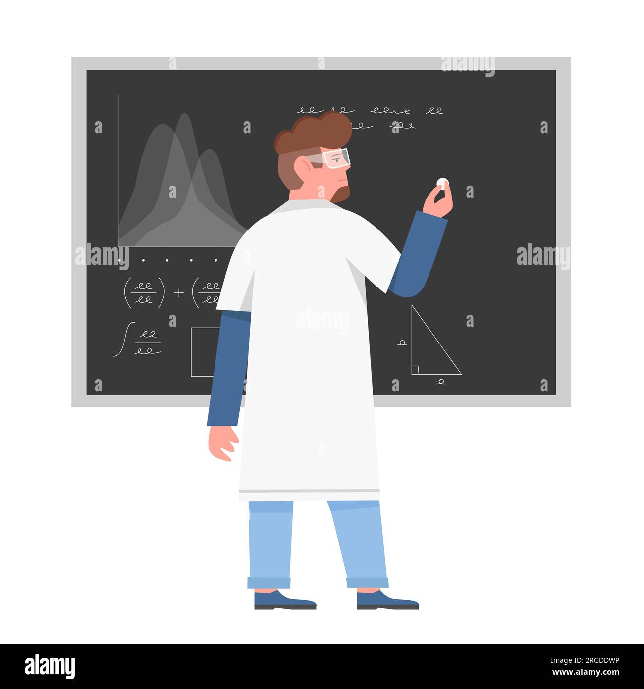 Scientist man at blackboard. Researcher writing analysis results vector illustration Stock Vector