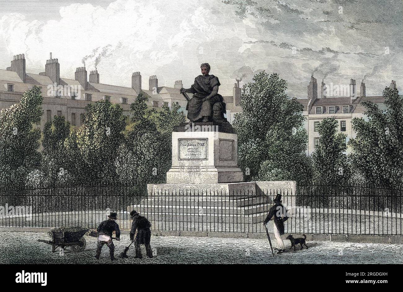 A gentleman walking his dog pauses to admire the statue of Charles James Fox, but street cleaners are indifferent... Stock Photo