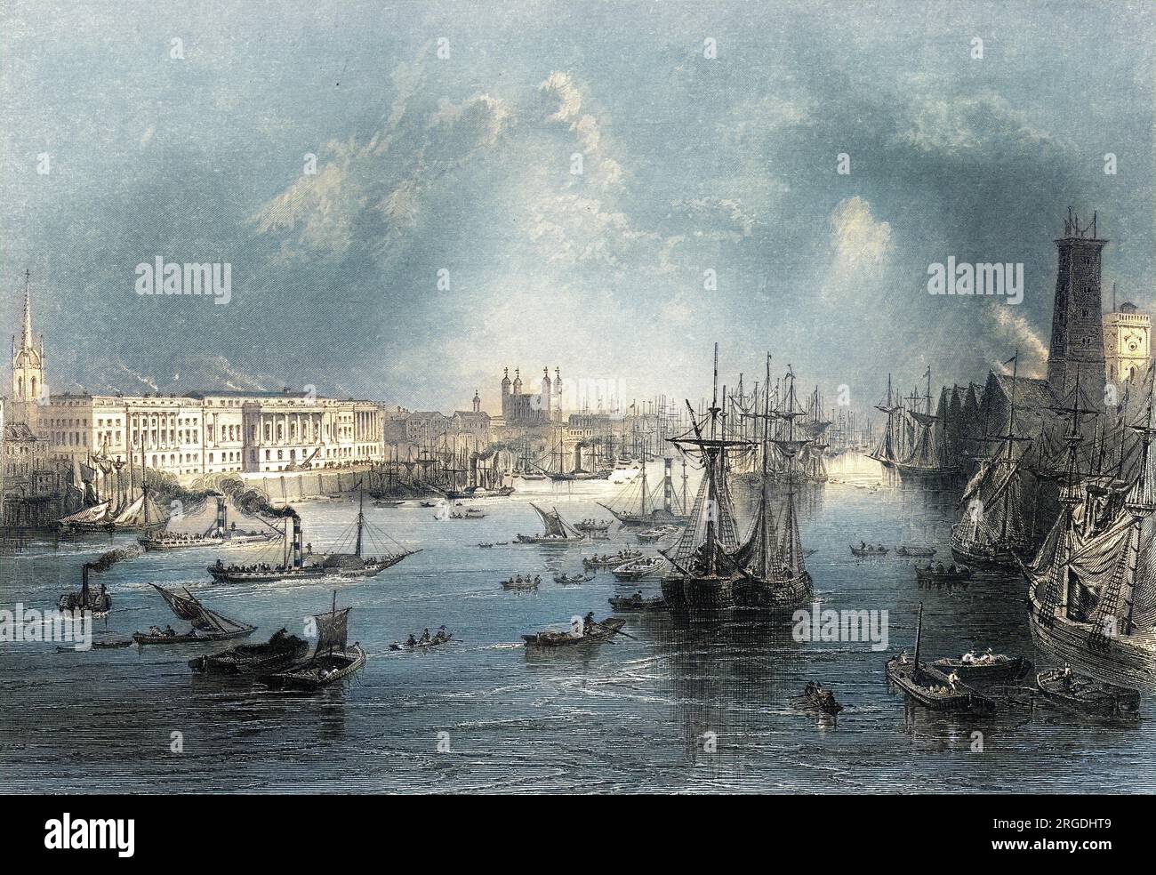 The crowded Thames looking eastward from London Bridge, with the Custom House on the left and the Tower beyond. Stock Photo