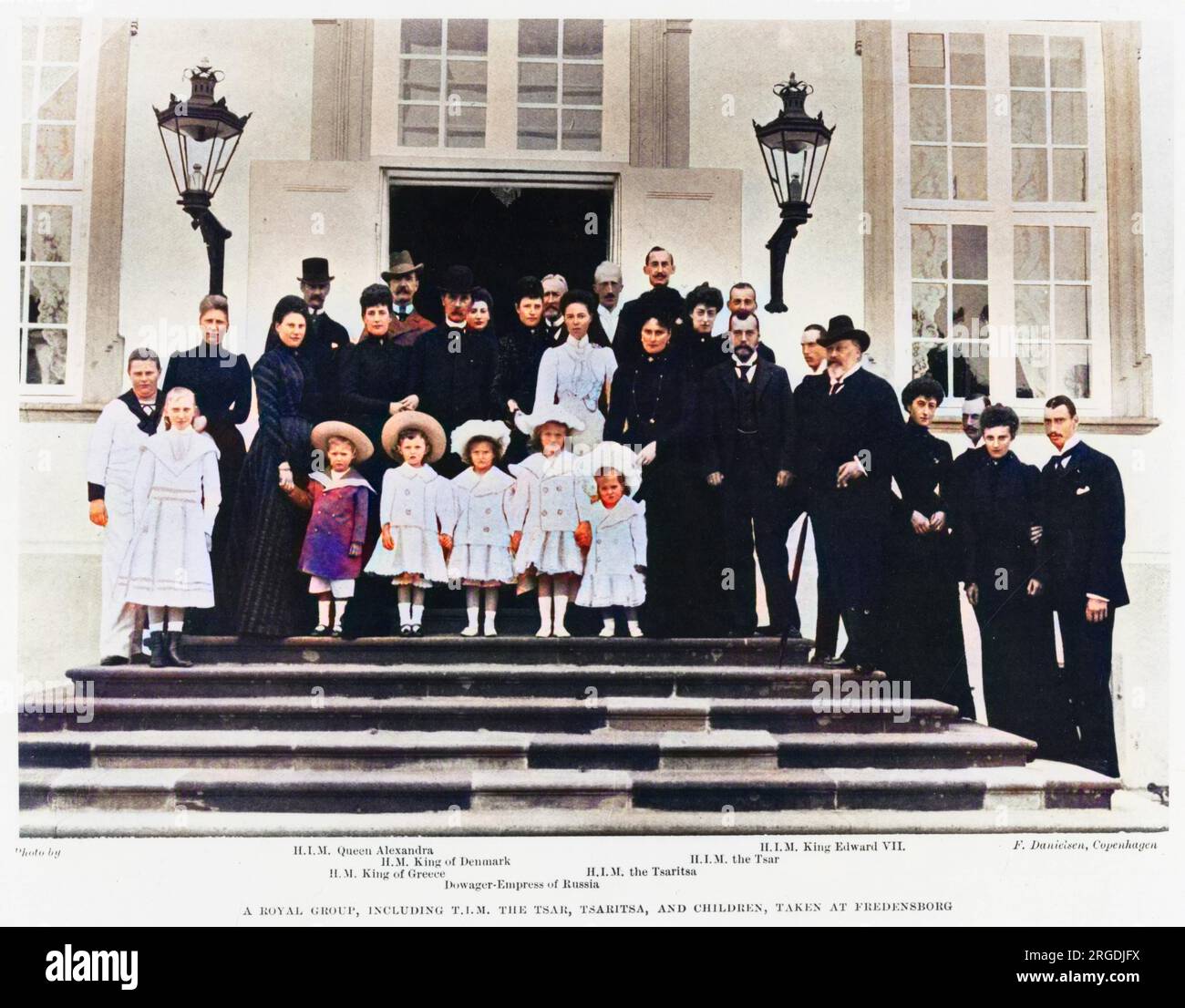 Fredensborg Palace on the island of Zealand in Denmark - Nicolas II - Tsar of Russia pictured the wives and family and other European Royalty, including: King Edward VII, King George I of Greece and King Frederick VIII of Denmark. Stock Photo