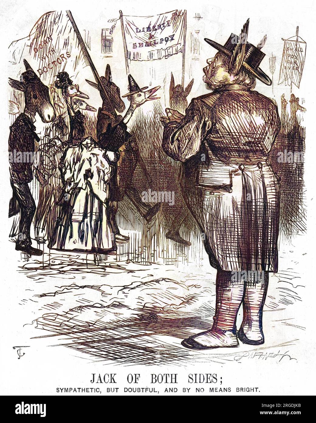 Cartoon, Jack of Both Sides; Sympathetic, but doubtful, and by no means Bright. Animals protest against the 1874 Act of Parliament which made inoculation against smallpox compulsory. This is evidently seen as an infringement of personal liberty by the protestors, who carry banners saying Down with Doctors, Liberty & Smallpox and Smallpox Forever. Stock Photo