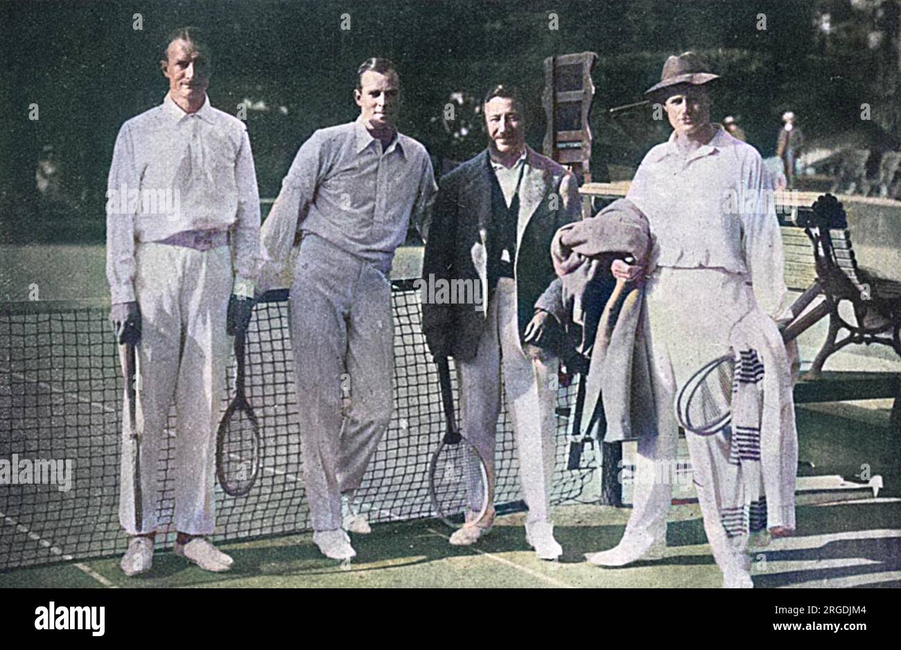 Captain Anthony Frederick Wilding, New Zealand born tennis player and four-times Wimbledon champion, pictured on the Beau Site Courts at Cannes in 1914 with, from left, F. G. Lowe, Wilding himself, G. M. Simond and Craig Biddle. Stock Photo