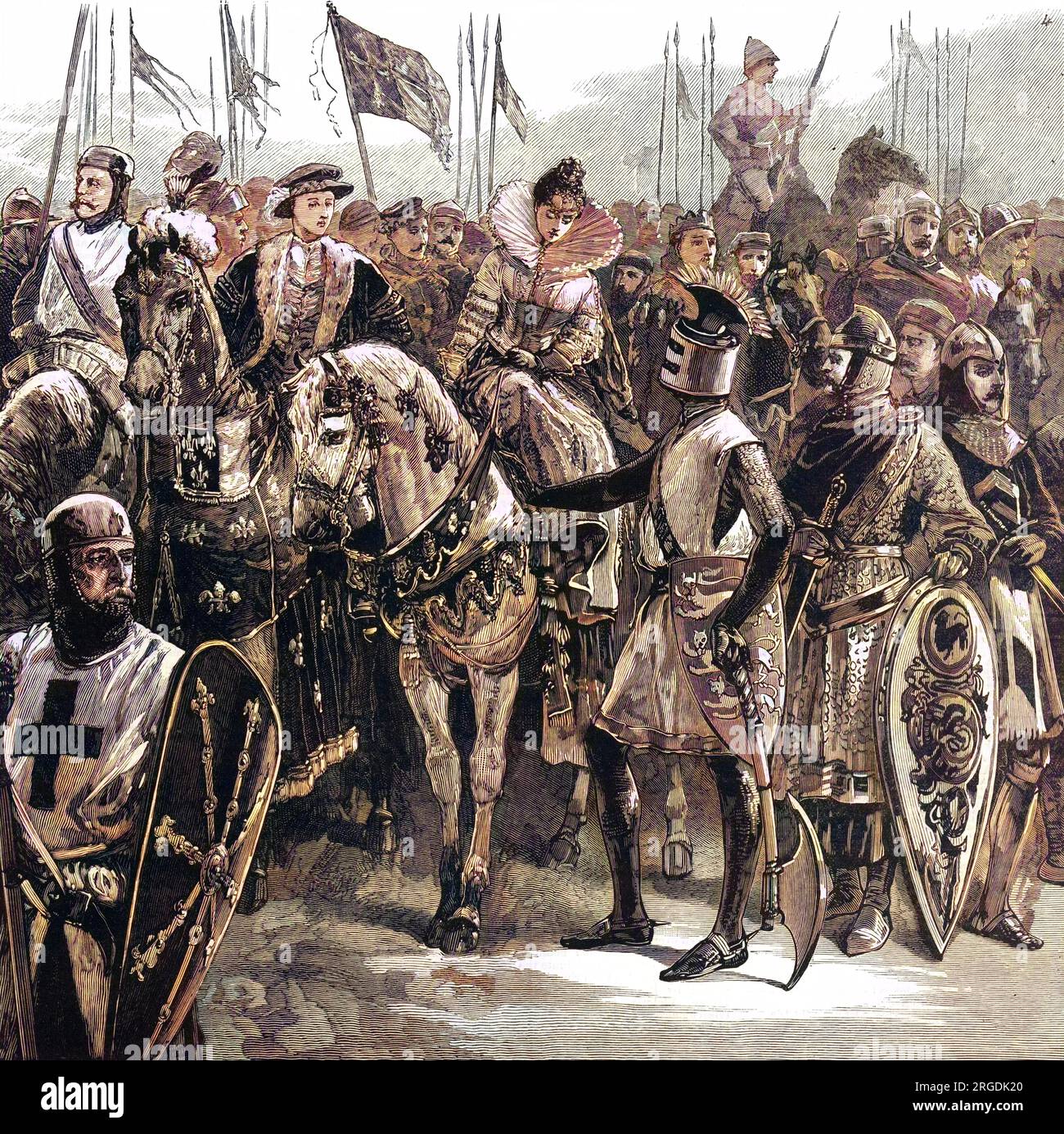Kings and Queens of England with Barons, Knights and Crusaders who were all part of the Lord Mayor of London's Show of 1884. At centre, Richard I comforts the horse of Queen Elizabeth I. Stock Photo