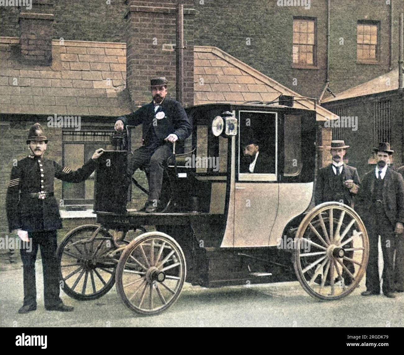 The first electric cab ever licensed in London in 1897.  Called Berseys after the manager of the Electric Cab Company, they were nicknamed 'hummingbirds' due to the sound they made. Stock Photo