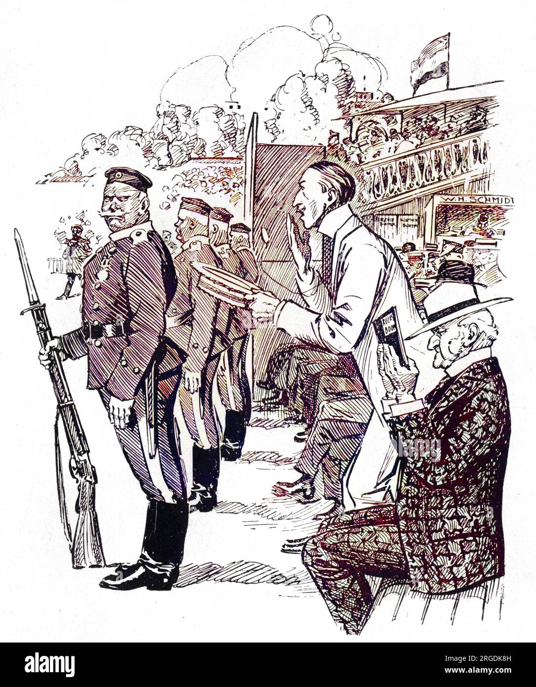 A light-hearted, humorous but also quite prescient look at what England might be like if German.  A scowl from a soldier with a bayonet reminds a spectator that cheering during a match is forbidden at Lord's cricket ground.  The cartoon reinforces stereotypes of the increasingly militarised German nation leading up to the outbreak of World War I. Stock Photo