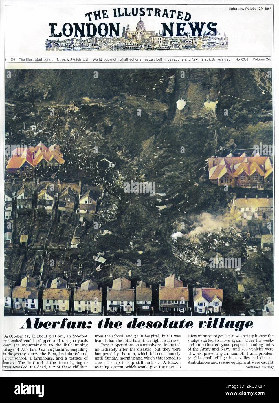 The front page of The Illustrated London News, reporting on the Aberfan disaster. An aerial view of the path of destruction left by the rain-soaked coal tip that slipped 500 yards down the mountainside into the mining village of Aberfan, Glamorgan, South Wales. The Pantglas infants and junior school, a farmhouse and a terrace of houses were engulfed in the slurry. Stock Photo
