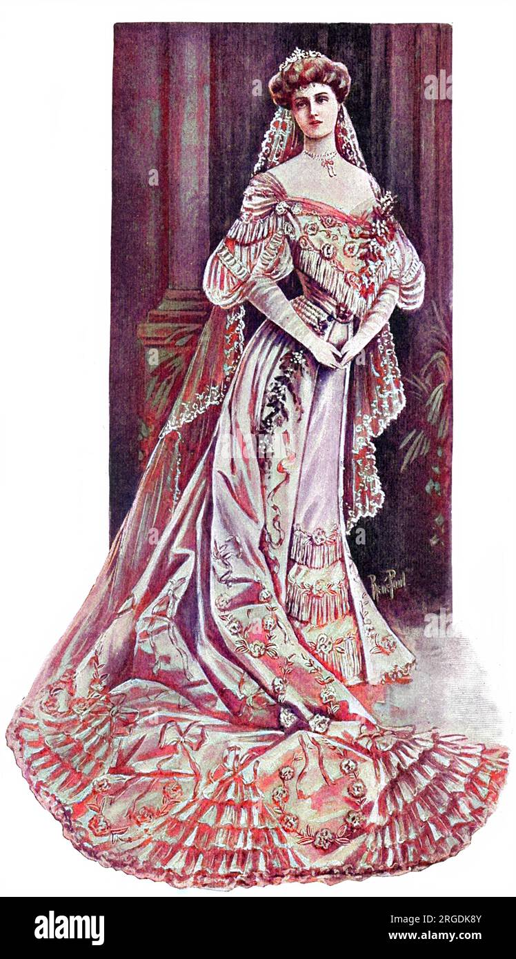 The wedding gown of Princess Alice of Albany who married Prince Alexander of Teck in 1904.  Made from soft, flexible satin mouselline, the skirt, supplemented with a very long train, is festooned with white chiffon roses, needlework foliage and Louis Seize velvet bows studded with diamonds.  The dress also includes a chenille fringe; frills, poufs and flutings of white chiffon and a satin bodice and small chiffon sleeves and bouillons of tulle sewn with brilliants round the decolletage.  A small cluster of orange blossom is worn and the veil of Honiton lace was worn by both Queen Victoria and Stock Photo