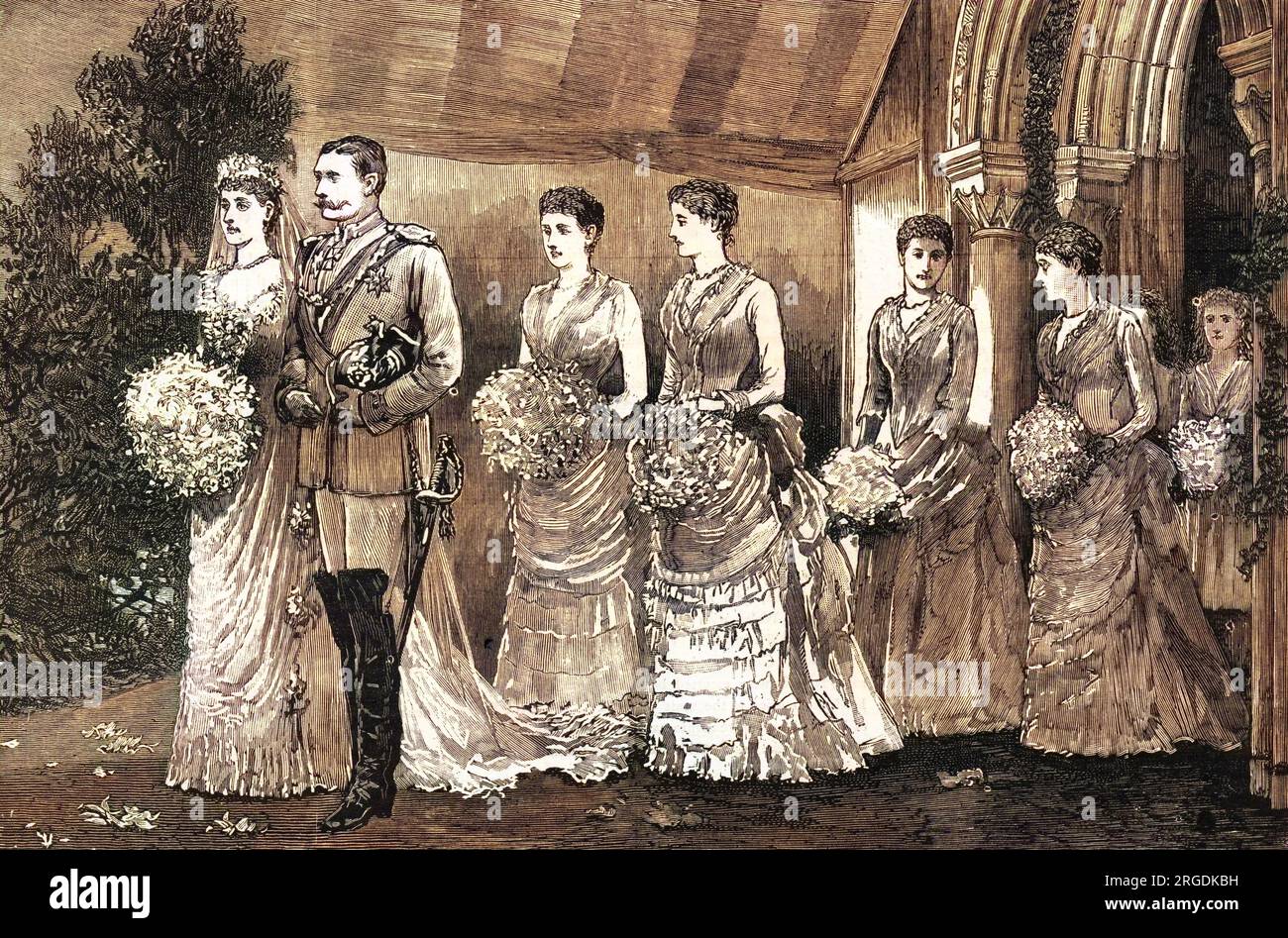 The royal couple leave Whippingham Church on the Isle of Wight as husband and wife, followed by their eight bridesmaids. Stock Photo