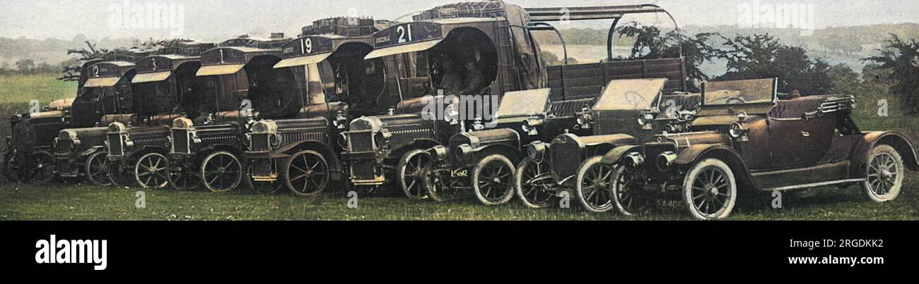 Motor lorries and cars used to transport camp equipment of the British Expeditionary Force, which accompanied the force from England to Boulogne, their initial landing point in France. Stock Photo