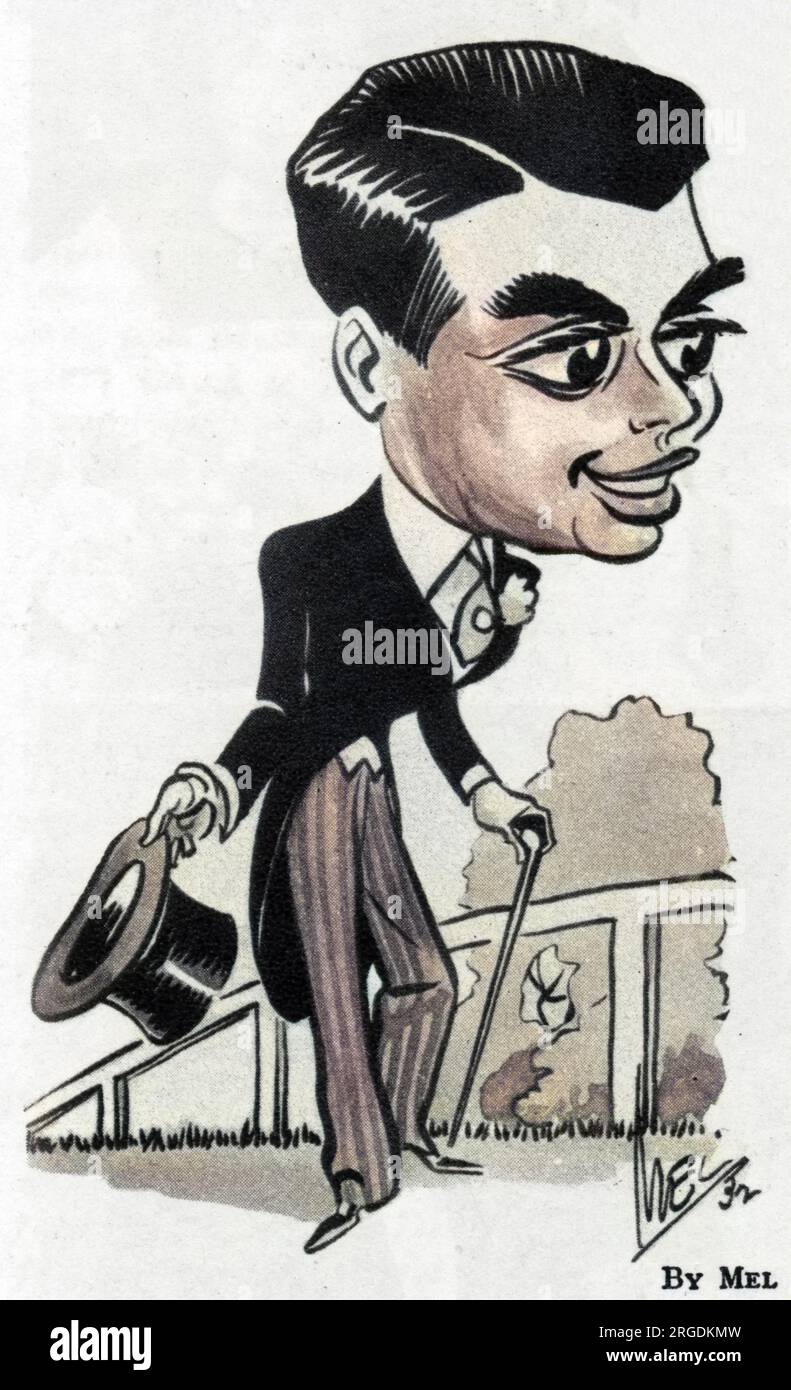 Caricature of Prince Aly or Ali Khan (1911 - 1960), son of Aga Khan III, socialite, playboy, racehorse owner, third husband of Rita Hayworth and swain of Margaret Whigham and Thelma, Viscountess Furness.  Pictured on familiar 'turf' - at the Races. Stock Photo