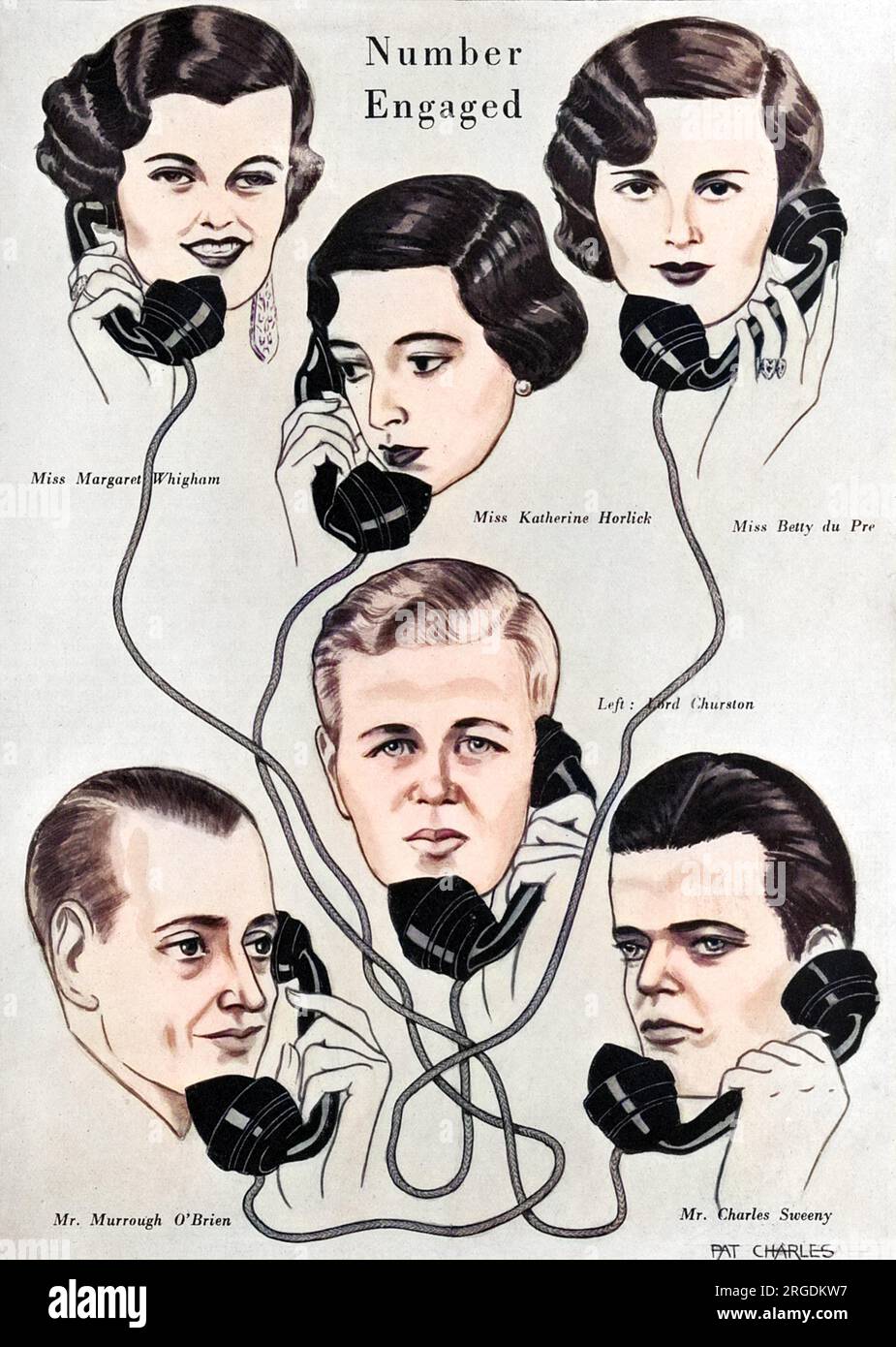 An impression by Pat Charles of the latest fiances and fiancees to announce their engagement in 1932, all interconnected by telephone lines.  Top left is Miss Margaret Whigham (Duchess of Argyll), who was engaged to American golfer Charles Sweeny (bottom right).  Miss Katherine Horlick, engaged to Mr Murrough O'Brien and Miss Betty du Pre engaged to Lord Churston. Stock Photo