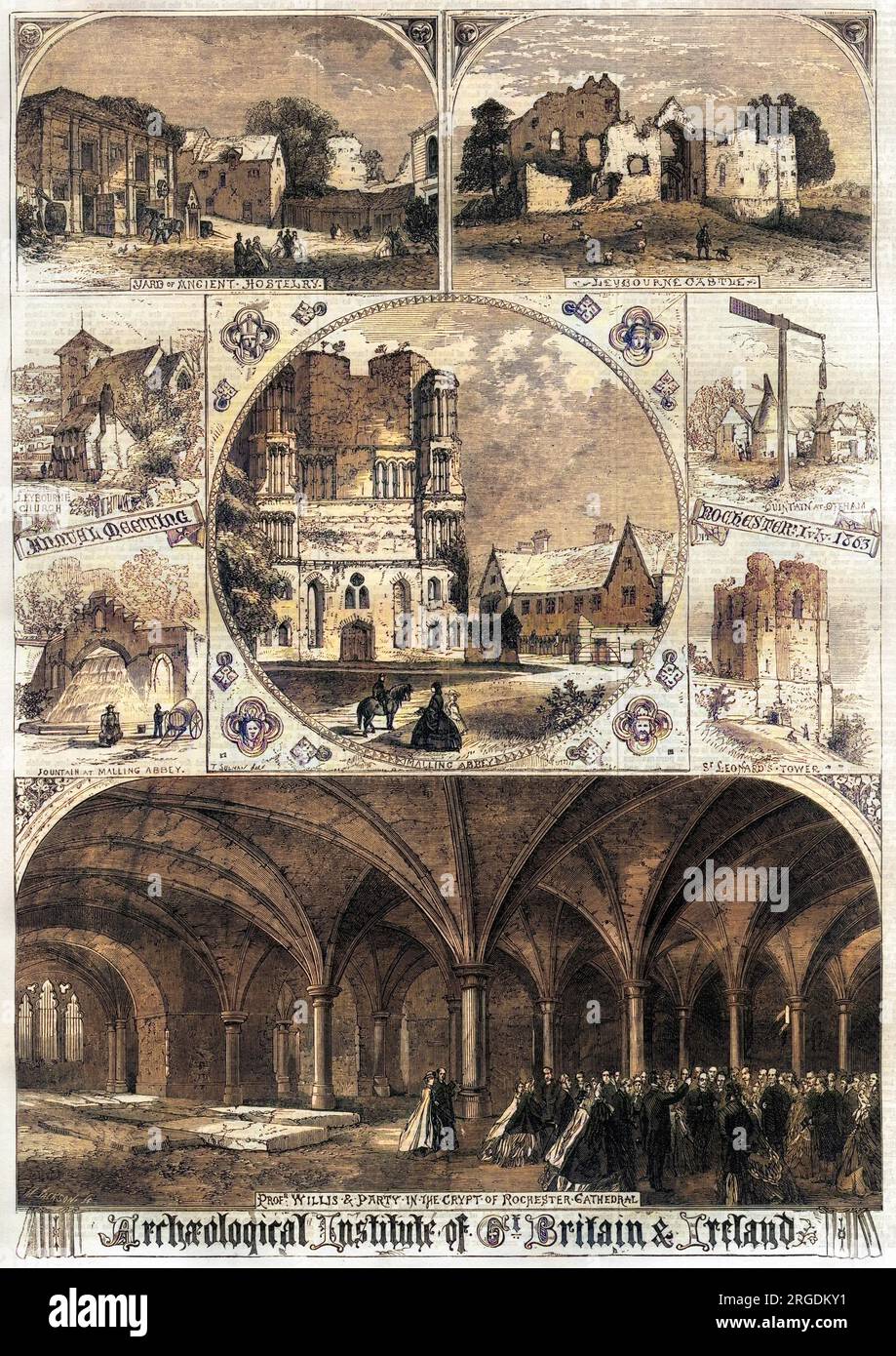 A commerative page in the Illustrated London News, marking the Archaelogical Institute of Great Britain and Ireland's annual meeting at Rochester, July 1863. The yard of ancient hostelry, Leybourne Castle and church, the quintain at Offham, Malling Abbey and its the fountain and St Leonard's Tower are shown, as well and Professor Willis and party in the crypt of Rochester Cathedral. Stock Photo