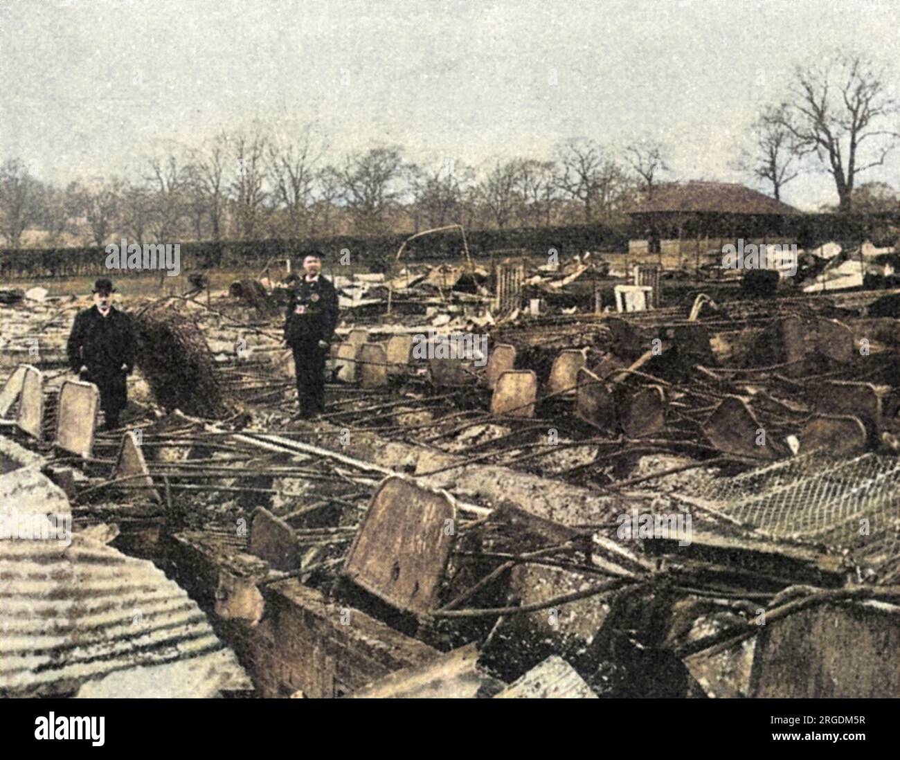 The ruins of the temporary annexe at the Middlesex Pauper Lunatic Asylum at Colney Hatch, near Friern Barnet, Middlesex (North London), following the disasterous fire there in 1903. 51 patients perished, but more might have been saved, claims the text in the Illustrated London News that accompanies this picture, had not the unfortunate inmates rushed towards the flames instead of away from them. Stock Photo
