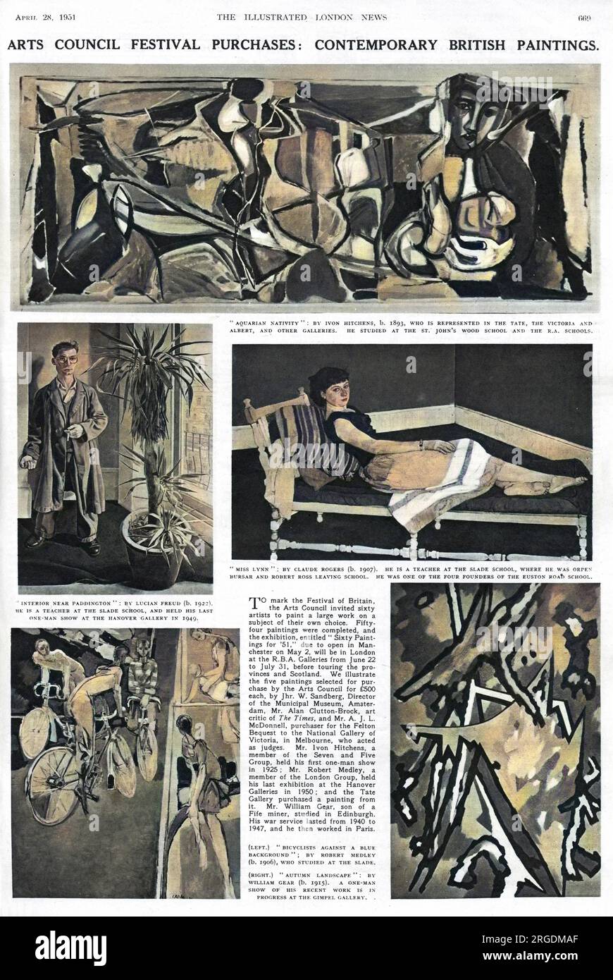 A page from the Illustrated London News, dated 28th April 1951, detailing contemporary British art purchased by the Arts Council for the Festival of Britain. Aquarian Nativity by Ivon Hitchens, Interior near Paddington by Lucian Freud, Miss Lynn by Claude Rogers, Bicyclists against a blue background by Robert Medley, and Autumn Landscape by William Gear are pictured. Stock Photo
