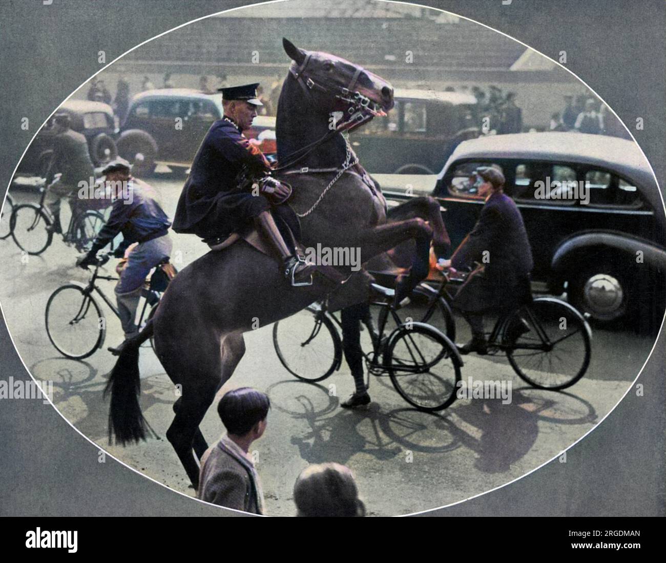 A mounted policeman accustoming an inexperienced horse to London traffic conditions rior to the Coronation procession of 12 May 1937. Stock Photo