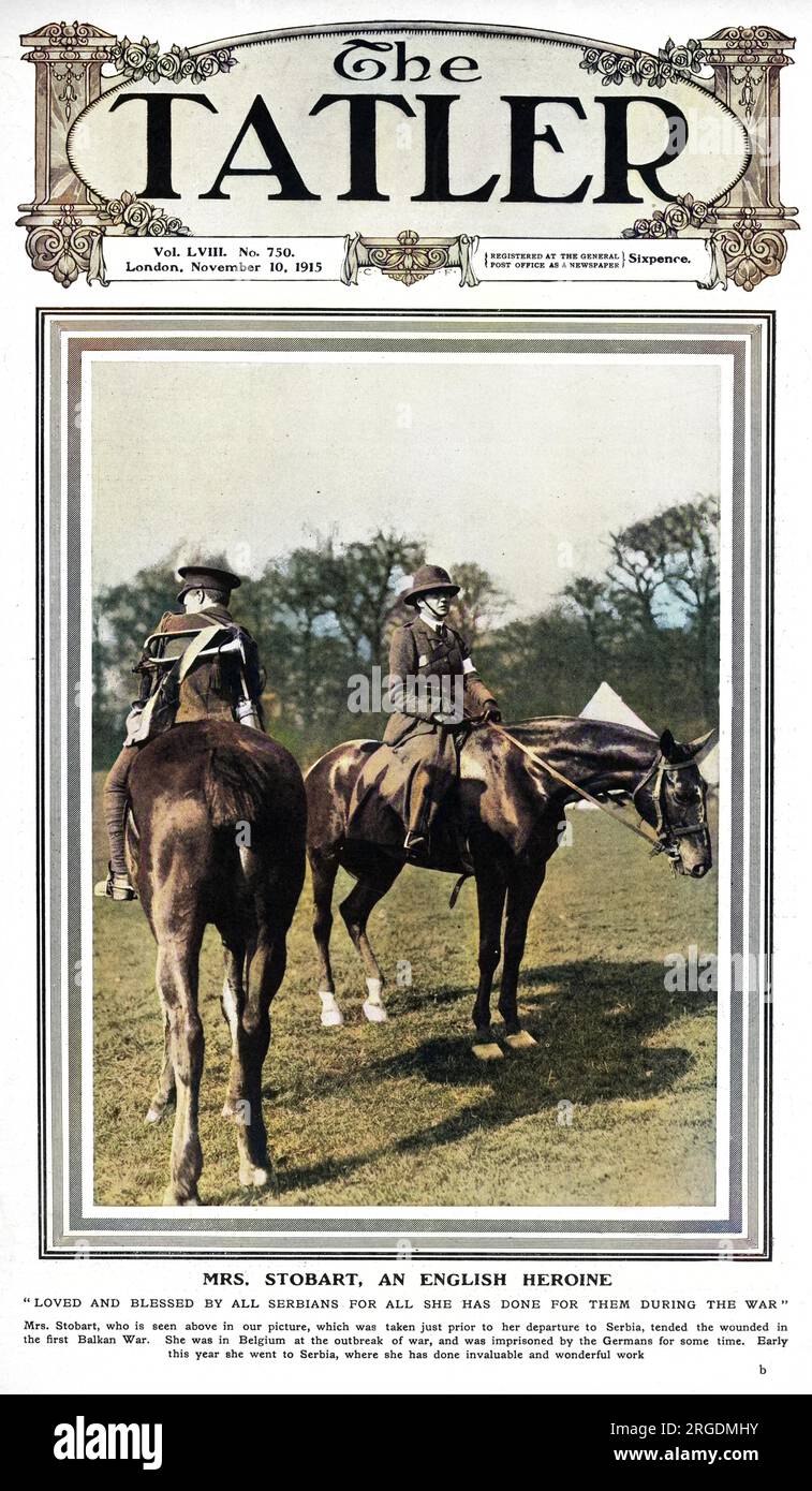 Mrs Mabel St Clair Stobart, pictured on horseback on the front cover of The Tatler.  Mrs Mabel St Clair Stobart, was founder of the Women's Sick and Wounded Convoy Corps (1912) and the Women's National Service League (1914) was a supporter of women's suffrage before the First World War.  She tended the sick and wounded in the First Balkan War and was in Belgium for the outbreak of war in 1914.  She was imprisoned by the Germans for the while and in 1915, went to Serbia to continue her work.  Tatler call her 'an English heroine'. Stock Photo