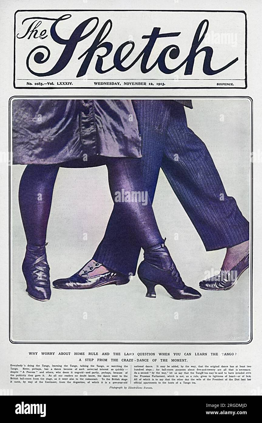 A front cover of The Sketch, showing the entwined legs of two dancers performing a step from the tango.' Why worry about home rule and the land question, when you can learn the tango?' Stock Photo