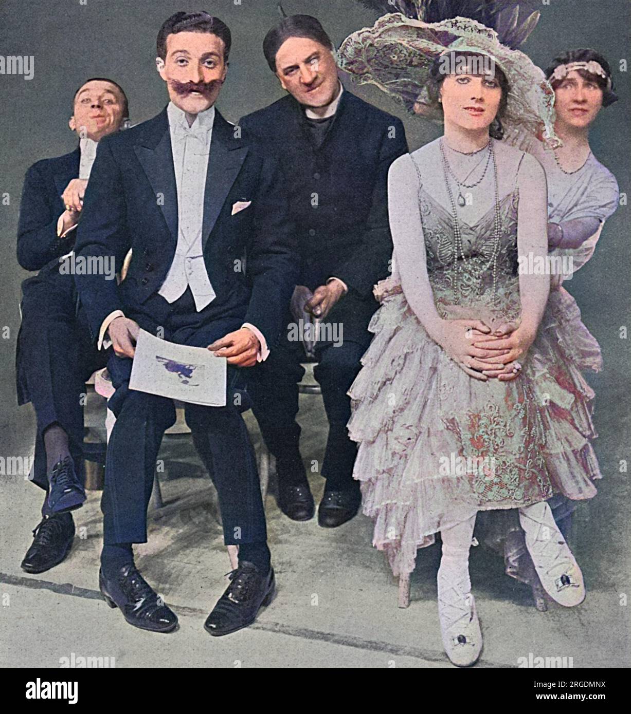 Mr Nelson Keys, Mr Arthur Playfair, Miss Gwendoline Brogden (back row from left) and Mr Simon-Girard and Miss Gina Palerme, all appearing in 'Bric-A-Brac', a new revue at the Palace Theatre, London in 1915. Stock Photo