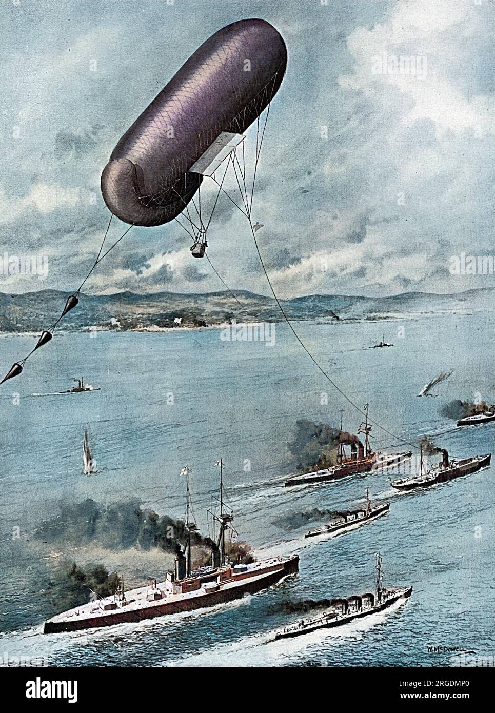 A kite-balloon in use for observation purposes during a coast bombardment.  The balloon is towed by a vessel which is specially adapted for carrying it (inflated) on deck.  A merchant ship, with the foremast removed and screens arranged for protection from heavy winds, is usually employed.  The observer, whose duty is to note the effect of the gunfire on the enemy's position, is in a basket slung below the balloon, and is in telephone communication with the mother-ship, which repeats the messages to the bombarding warships. Stock Photo