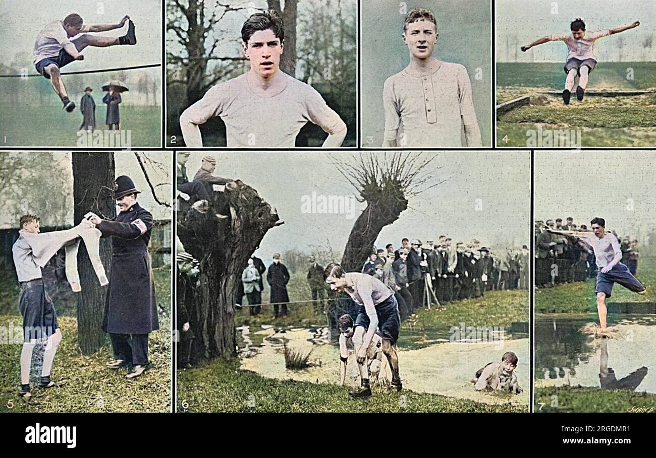 Sports at Eton College in 1916.  In the bottom left and bottom middle pictures is Prince Henry (later Duke of Gloucester), climbing out of the water jump in the steeplechase and with an attested constable who is helping him with a sweater after the race.  In other pictures:  1.  J. L. Baker winning the junior high jump, 2. D.W. Gurney, winner of the Senior Steeplechase, 3. Hon. E. V. Rice, winner of the Junior Steeplechase, 4. I. J. Pitman winning the Junior Long Jump and 7. D. W. Gurney at the water jump in the senior race.  Prince Henry came a very respectable twelth out of a field of 100 co Stock Photo