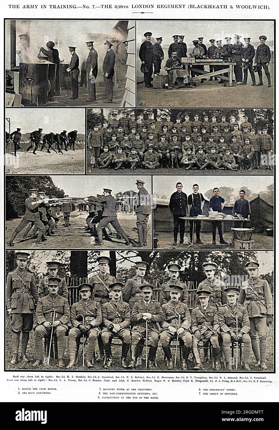 The Army in training, in this instance the 3/20th London Regiment (Blackheath and Woolwich).  1.  Round the cook house, 2, the boot repairers, 3, bayonet practice, 4. non-commissioned officers 5. instruction in the use of the rife, 6. the sergeants' cooks, 7. Group of officers, back row, left to right - Sec.-Lt H. J. Goodale, Sec.Lt. J. Crawford, Sec. Lt. F. S. Buliner, Sec.-Lt. C. Stevenson, Sec. Lt. C. V. Troughton, Sec-Lt. E. A. Osmond, Sec-Lt. J. Crossland.  Front row, left to right, Sec.-Lt. L. A. Young, Sec.-Lt. C. Renton, Capt. and Adjt. C. Rowton Hefford, Major F. C. Bentley, Capt. E. Stock Photo