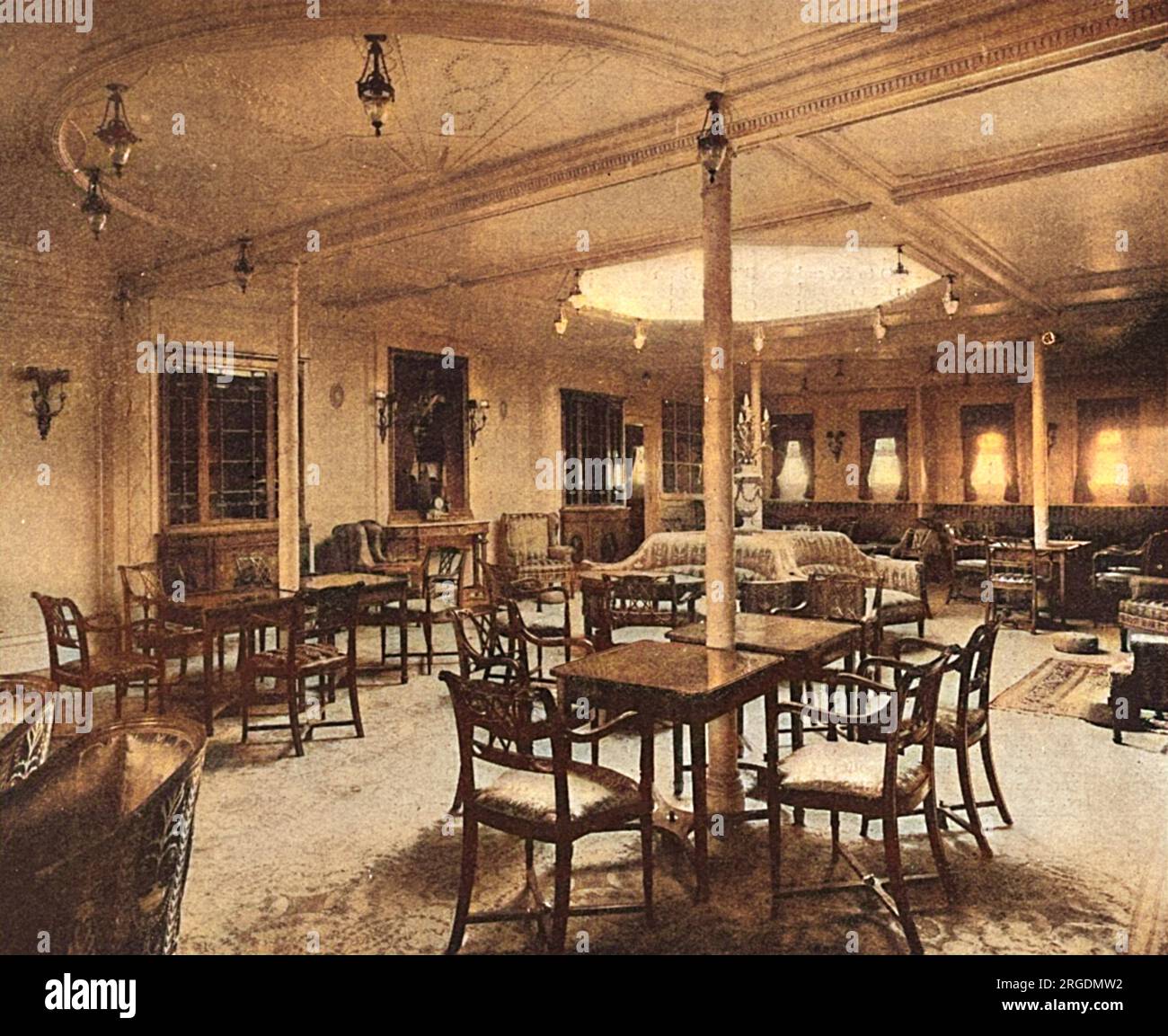The luxurious drawing room of the German steamship 'Amerika' of the Hamburg-America Line, as decorated in the Adams' style by Waring and Gillow Limited. Pictured here in the year she was launched, in 1917 the Amerika would become USS America, following being commandeered by the Americans when they entered World War One. Stock Photo