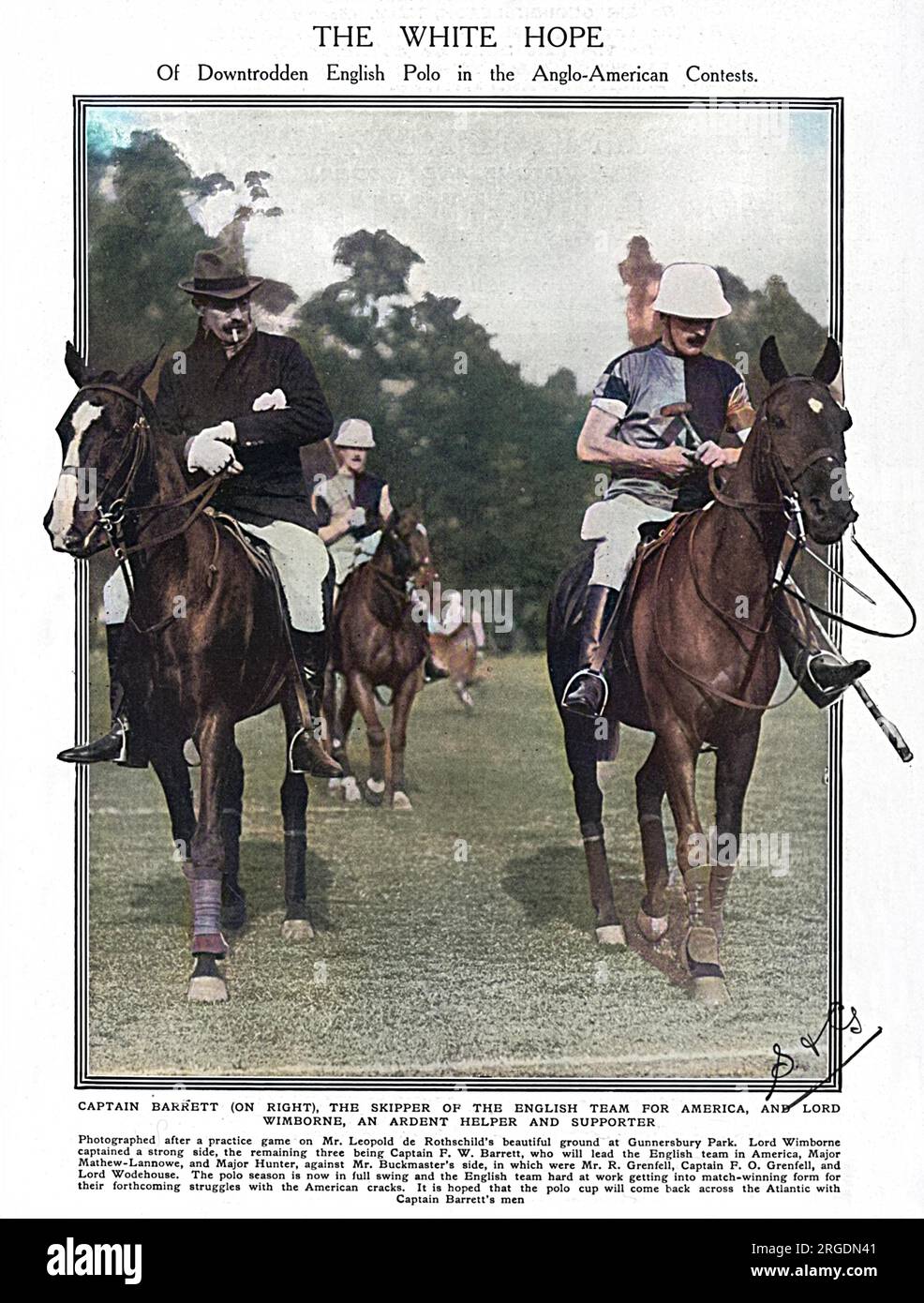 Captain Frederick Barrett, captain of the 1914 England polo team, pictured with Lord Wimborne, a supporter and helper of the team, at a practice game on Leopold de Rothschild's ground at Gunnersbury Park.  The Tatler entitled the image, 'The White Hope - of downtrodden English polo in the Anglo-American contests.'  England had been beaten by America in the recent previous contests over the Westchester Cup, but in 1914, they achieved a historic and emphatic victory with the team of Captains Barrett, Cheape, Tomkinson and Lockett. Stock Photo