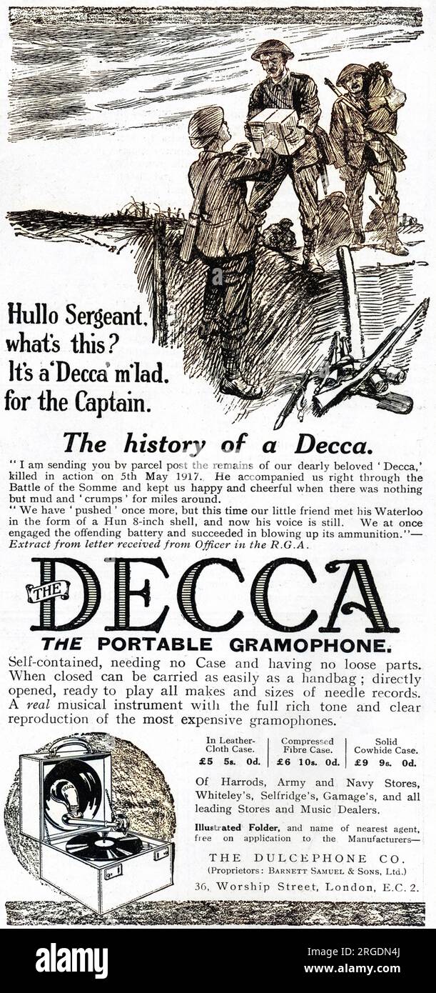 Advertisement for Decca gramophones, ideal for use at the Front during the Great War due to it being self-contained, portable and having no loose parts.  Illustration shows a large parcel being delivered by a sergeant who says to an enquiring soldier, 'It's a Decca m'lad, for the Captain.'  Perhaps if they're lucky, the Captain might let them have a listen! Stock Photo