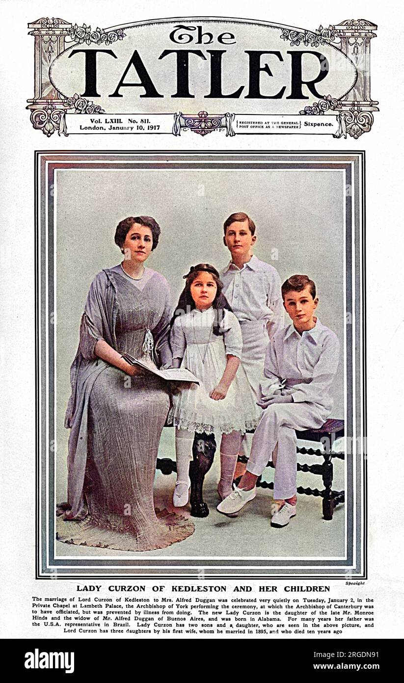 Tatler front cover featuring Mrs Alfred Duggan, born Grace Elvina Hinds (1879-1958daughter of Mr. Monroe Hinds, the second wife of George Nathaniel Curzon, 1st Baron Curzon of Kedleston.  She is pictured with her three children from her first marriage, Alfred, Hubert and Grace.  Lord Curzon had three daughters, but he and Grace could not have any children together.  The couple eventually separated. Stock Photo