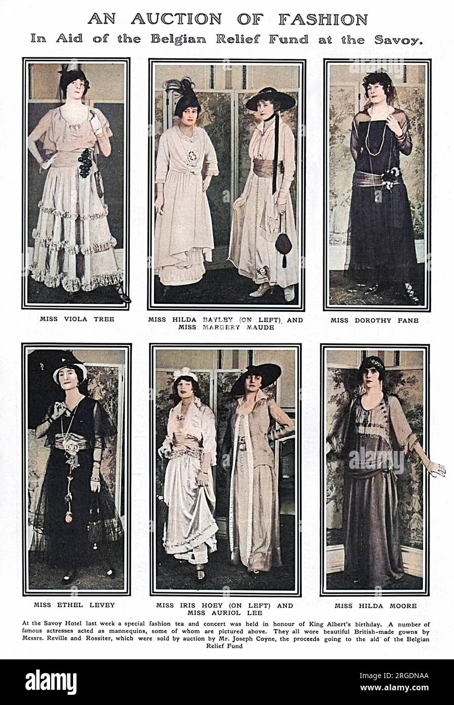 Page from The Tatler reporting on a fashion show and auction of dresses at the Savoy Hotel in aid of the Belgian Relief Fund at the Savoy.  Held on King Albert of Belgium's birthday, the dresses were all British-made by Reville and Rossiter and the auction was presided over by the actor and music hall artiste, Joseph Coyne.  The gowns were all modelled by famous stage actresses.  Clockwise from top left, Viola Tree, Miss Hilda Bayley, Miss Margery Maude, Miss Dorothy Fane, Miss Hilda Moore, Miss Auriol Lee, Miss Iris Hoey and Miss Ethel Levey. Stock Photo