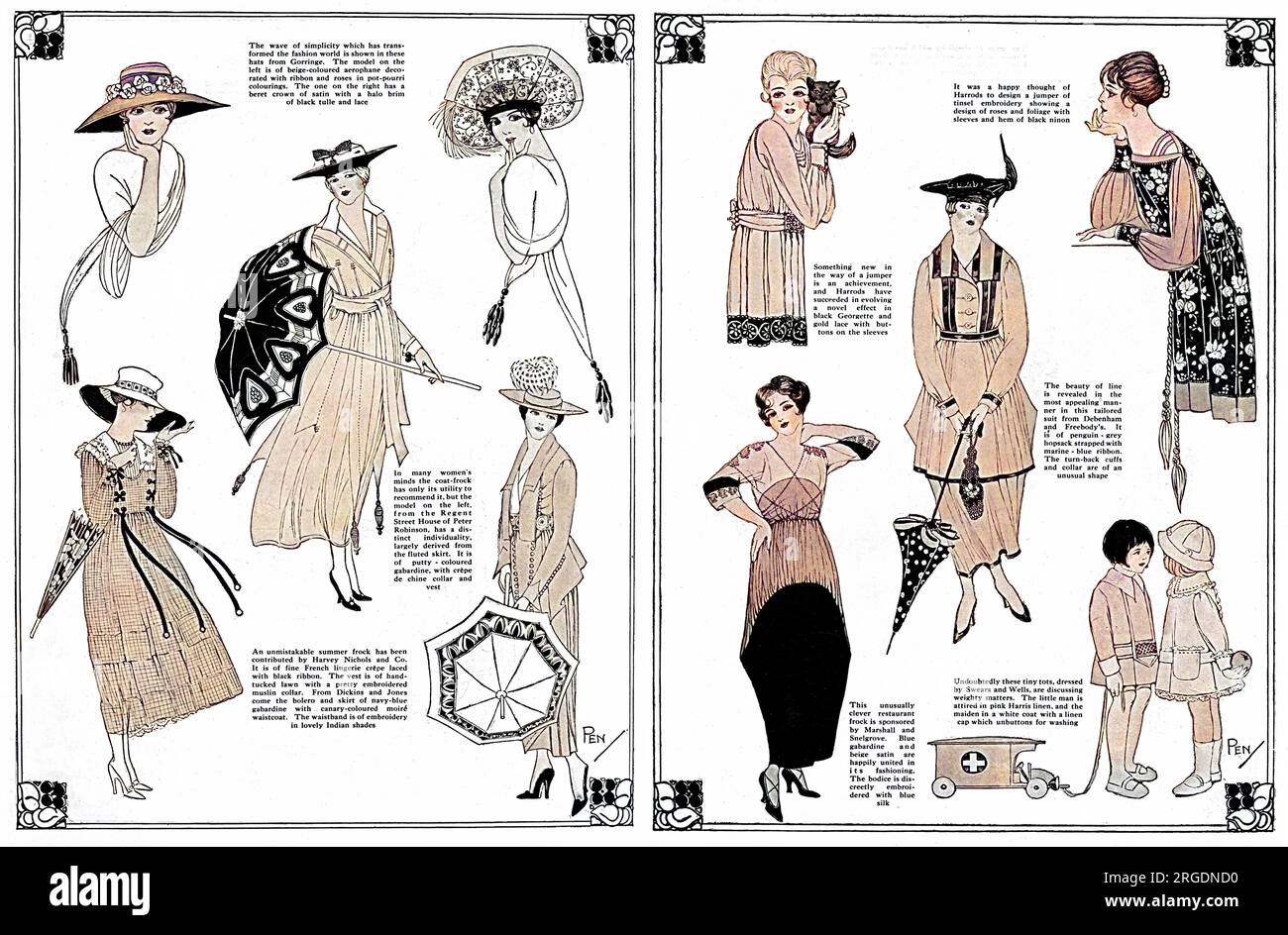 A double page spread from The Tatler giving examples of economical outfits which could be purchased in wartime.  Extravagant evening dresses are not featured but instead coat frocks, summer frocks and tailored suits predominate from retailers such as Harrods, Debenham & Freebody, Marshall & Snelgrove, Swears & Wells, Harvey Nichols, Peter Robinson and Gorringe.  Note the children playing with a toy Red Cross ambulance. Stock Photo