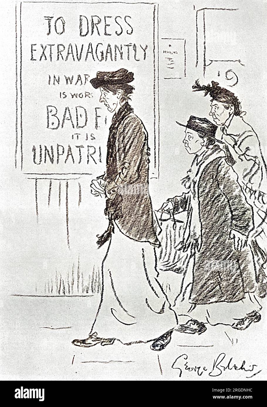 Three rather shabby, working class women, who probably don't have much choice about how extravagantly they choose to dress, unwittingly become excellent examples of the advice given out in the poster they pass which declares, 'To Dress Extravagantly in War time is worse than bad form, is it Unpatriotic.' Stock Photo