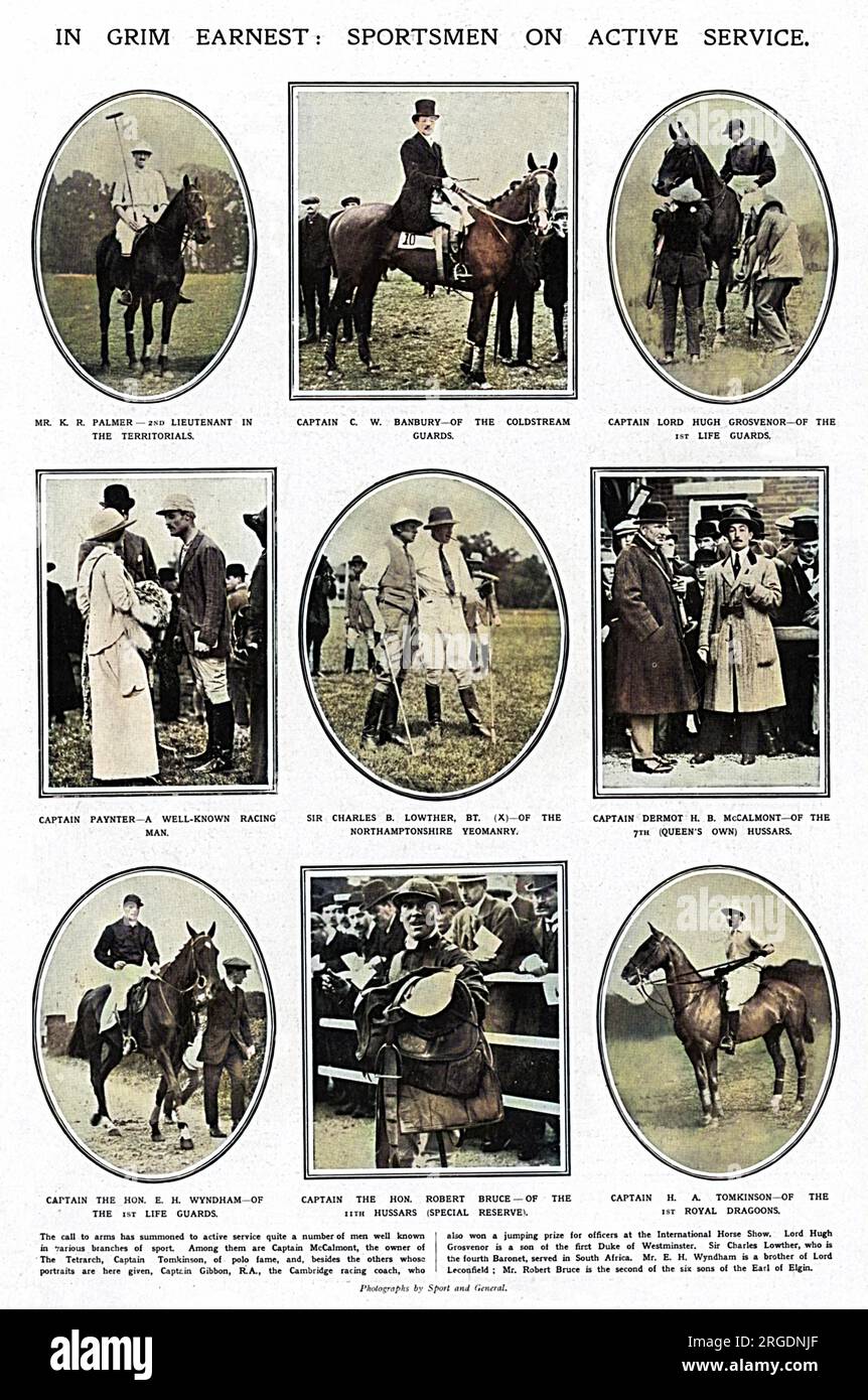 The call to arms summoned a number of prominent sports personalities to the front. Among them are Captain McCalmont, the owner of The Tetrarch, Captain Tomkinson, of polo fame, and Captain Gibbon, the Cambridge racing coach who also won a jumping prize for officers at the International Horse Show. Stock Photo